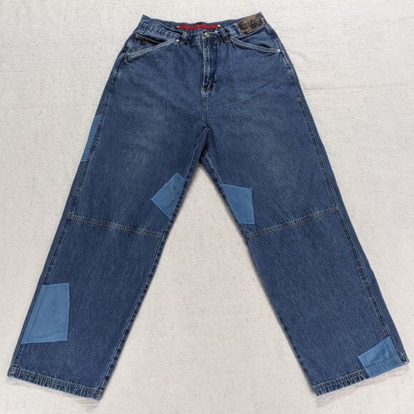 Vtg Y2K Vokal Jeans Men's 32x30 Patch Patchwork Blue Baggy Wide Leg Hip-Hop - Picture 1 of 16